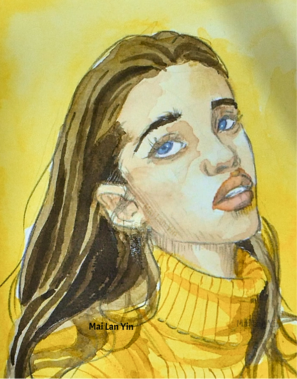 Three-quarter portrait of a brunette in a yellow turtleneck, ink drawing