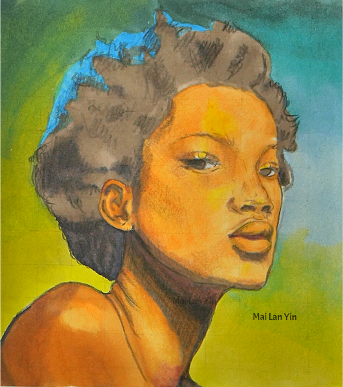 Three-quarter portrait of a woman with curly hair using alcohol markers