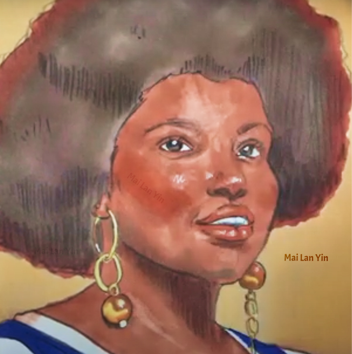 Three-quarter portrait of a woman with an afro hairstyle using alcohol markers
