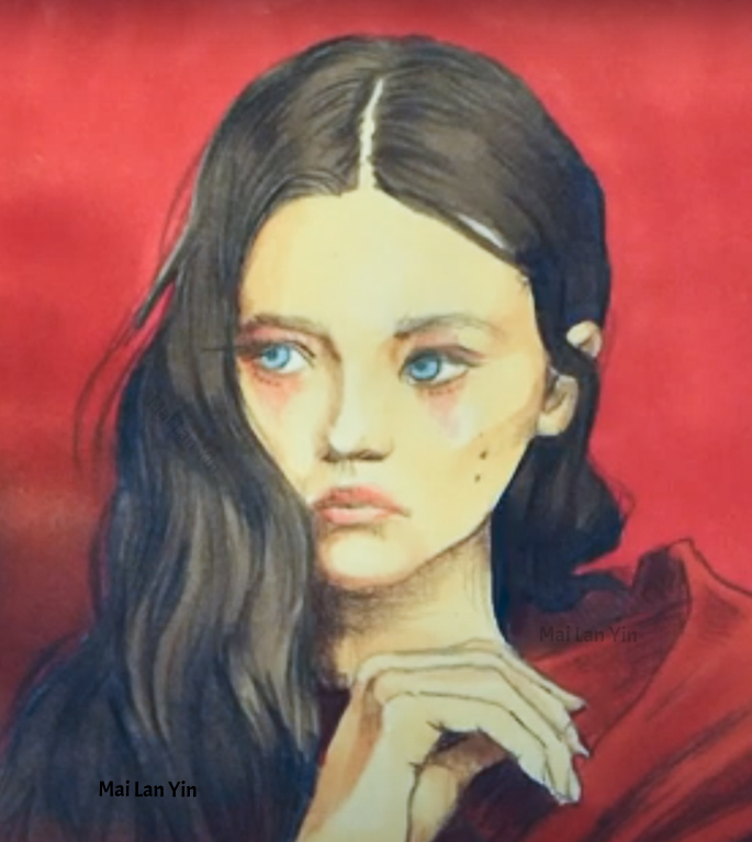 Near-frontal portrait of a brunette in red clothing